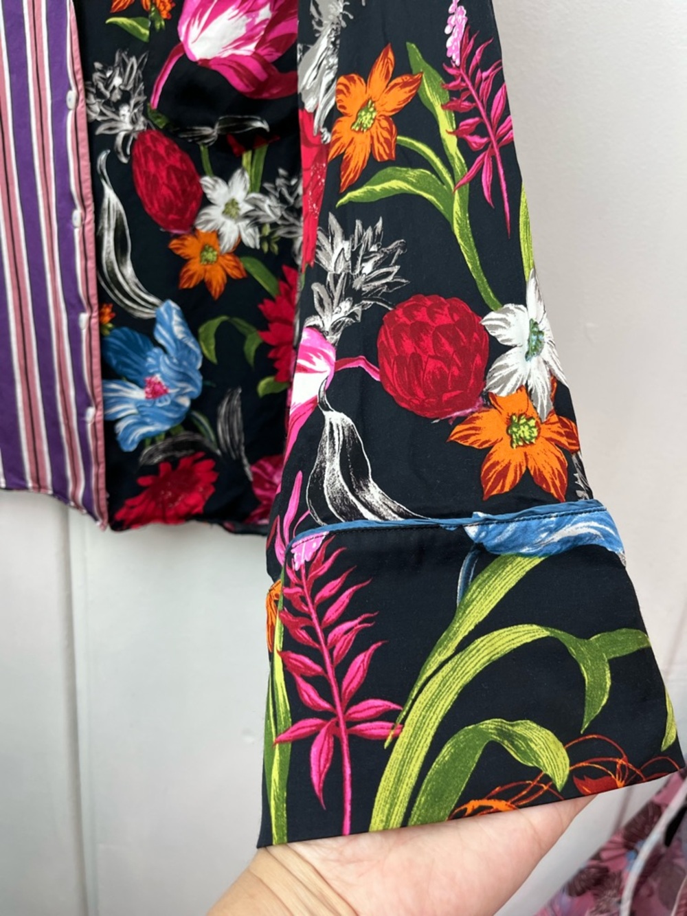 Anthropologie Purple Stripe and Black Floral Mixed-Print Button Down Shirt - Picture 4 of 6